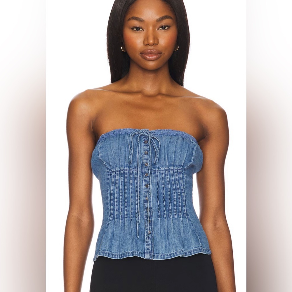 NWT Free People|| Denim Wink Wink Tube Top in Medium Wash, Size large Western - Picture 2 of 7